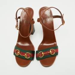 مملوكة مسبقًا Gucci Brown Leather Horsebit Web Detail Block Heel Ankle Strap Sandals Size 39