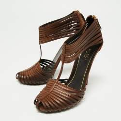Gucci Brown Leather 'Inga' T-Strap Sandals Size 39