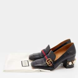 Pre Owned Gucci Black Leather Faux Pearl Embellished Collapsible Heel Counter Loafer Pumps Size 40