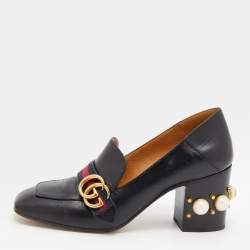 Pre Owned Gucci Black Leather Faux Pearl Embellished Collapsible Heel Counter Loafer Pumps Size 40