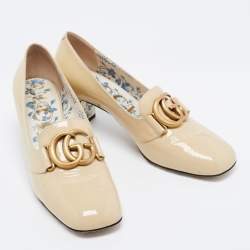 Pre Owned Gucci Beige Patent Leather Victoire GG Logo Block Heel Pumps Size 39.5