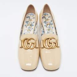 Pre Owned Gucci Beige Patent Leather Victoire GG Logo Block Heel Pumps Size 39.5