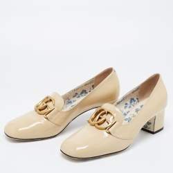 Pre Owned Gucci Beige Patent Leather Victoire GG Logo Block Heel Pumps Size 39.5