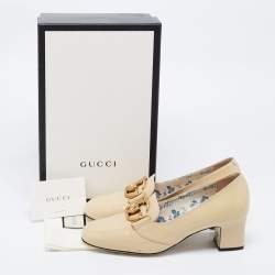 Pre Owned Gucci Beige Patent Leather Victoire GG Logo Block Heel Pumps Size 39.5