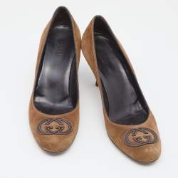 Pre Owned حذاء كعب عالي غوتشي سويدي بني مزين حرف جي متداخل مقدمة مستديرة مقاس 39.5