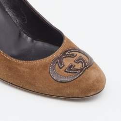 Pre Owned حذاء كعب عالي غوتشي سويدي بني مزين حرف جي متداخل مقدمة مستديرة مقاس 39.5