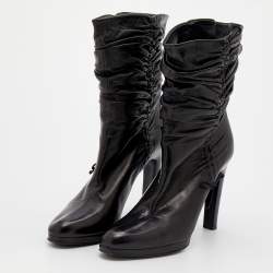 Pre Owned Gucci Black Pleated Leather Bow Ankle Boots Size 41