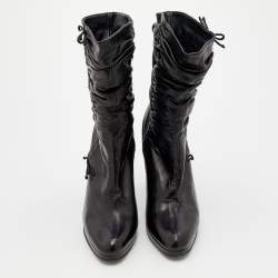 Pre Owned Gucci Black Pleated Leather Bow Ankle Boots Size 41