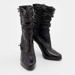 Pre Owned Gucci Black Pleated Leather Bow Ankle Boots Size 41