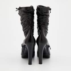 Pre Owned Gucci Black Pleated Leather Bow Ankle Boots Size 41