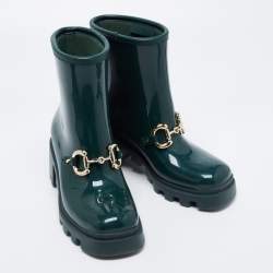 Pre Owned Gucci Green Rubber Horsebit Ankle Boots Size 35