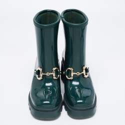 Pre Owned Gucci Green Rubber Horsebit Ankle Boots Size 35