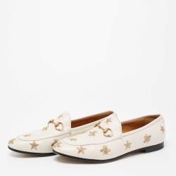 مملوكة مسبقًا Gucci White Bee & Star Embroidered Leather Jordaan Loafers Size 38.5