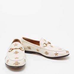 مملوكة مسبقًا Gucci White Bee & Star Embroidered Leather Jordaan Loafers Size 38.5
