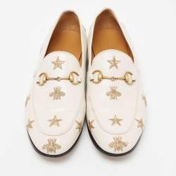 مملوكة مسبقًا Gucci White Bee & Star Embroidered Leather Jordaan Loafers Size 38.5