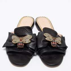 Pre Owned Gucci Black Leather Ivory Embellished Bee Flat Sandals Size 38