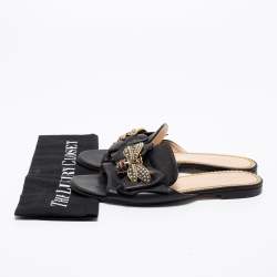 Pre Owned Gucci Black Leather Ivory Embellished Bee Flat Sandals Size 38