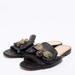 Pre Owned Gucci Black Leather Ivory Embellished Bee Flat Sandals Size 38