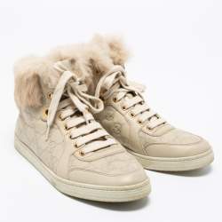 Gucci Off White Guccissima Leather And Cada Fur Trim High Top Sneakers Size 37