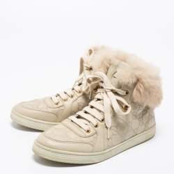Gucci Off White Guccissima Leather And Cada Fur Trim High Top Sneakers Size 37