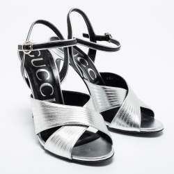 Pre Owned Gucci Metallic Silver Leather Criss Cross Ankle Strap Sandals Size 39