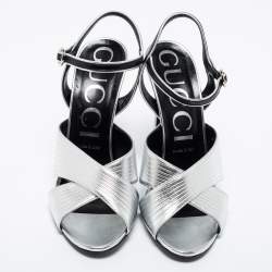 Pre Owned Gucci Metallic Silver Leather Criss Cross Ankle Strap Sandals Size 39