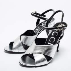 Pre Owned Gucci Metallic Silver Leather Criss Cross Ankle Strap Sandals Size 39