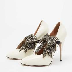 Pre Owned Gucci Off White Patent Leather Elaisa Bow Pumps Size 38