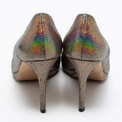 Pre Owned Gucci Metallic Holographic Crackle Leather New Hollywood Horsebit Peep Toe Pumps Size 39.5