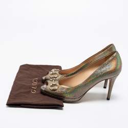 Pre Owned Gucci Metallic Holographic Crackle Leather New Hollywood Horsebit Peep Toe Pumps Size 39.5