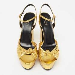 Pre Owned Gucci Gold Leather Allie Platform Sandals Size 37