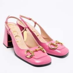 Pre Owned صندل غوتشي جلد وردي كعب مربع سميك فتحة كعب شعار هورسبيت مقاس 38.5