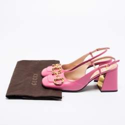 Pre Owned صندل غوتشي جلد وردي كعب مربع سميك فتحة كعب شعار هورسبيت مقاس 38.5