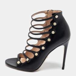 Pre Owned Gucci Black Leather Aneta Open Toe Zipper Sandals Size 37