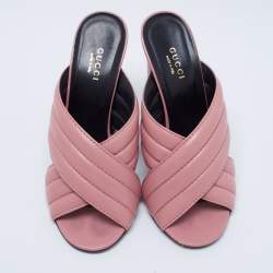 مملوكة مسبقًا Gucci Pink Leather Crossover Block Heel Mules Size 37.5