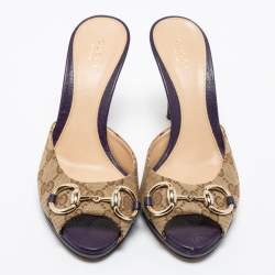 Pre Owned صندل سلايد غوتشي نيو هوليوود جلد وكانفاس جي جي بنفسجي / بني مزين بشعار هورسبيت مقاس 37.5