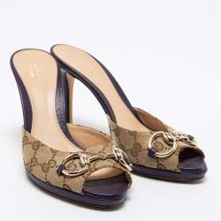 Pre Owned صندل سلايد غوتشي نيو هوليوود جلد وكانفاس جي جي بنفسجي / بني مزين بشعار هورسبيت مقاس 37.5