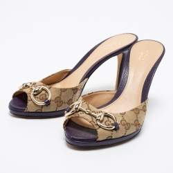 Pre Owned صندل سلايد غوتشي نيو هوليوود جلد وكانفاس جي جي بنفسجي / بني مزين بشعار هورسبيت مقاس 37.5