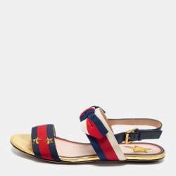 Gucci Red/Navy Blue Leather and Canvas Web Flat Slingback Sandals Size 37.5