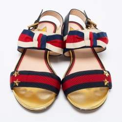 Gucci Red/Navy Blue Leather and Canvas Web Flat Slingback Sandals Size 37.5