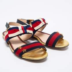 Gucci Red/Navy Blue Leather and Canvas Web Flat Slingback Sandals Size 37.5