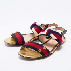 Gucci Red/Navy Blue Leather and Canvas Web Flat Slingback Sandals Size 37.5