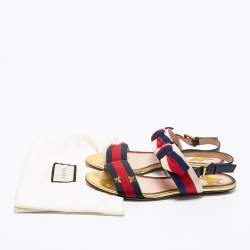 Gucci Red/Navy Blue Leather and Canvas Web Flat Slingback Sandals Size 37.5