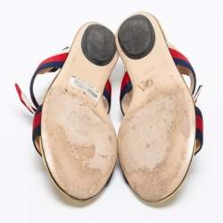 Gucci Red/Navy Blue Leather and Canvas Web Flat Slingback Sandals Size 37.5