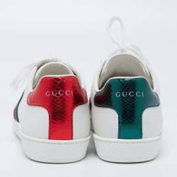 Pre Owned Gucci White Leather Ace Web Bee Low Top Lace Up Sneakers Size 39.5