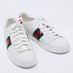 Pre Owned Gucci White Leather Ace Web Bee Low Top Lace Up Sneakers Size 39.5