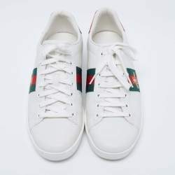 Pre Owned Gucci White Leather Ace Web Bee Low Top Lace Up Sneakers Size 39.5