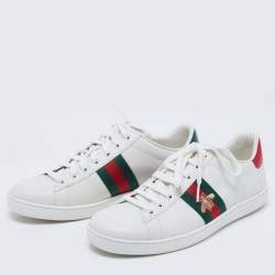 Pre Owned Gucci White Leather Ace Web Bee Low Top Lace Up Sneakers Size 39.5