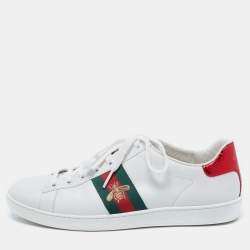 Pre Owned Gucci White Leather Ace Web Bee Low Top Lace Up Sneakers Size 39.5