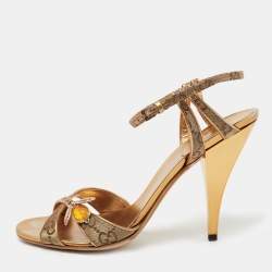 مملوكة مسبقًا Gucci Gold GG Canvas And Leather Bee Jewel Embellished Ankle Strap Sandals Size 38
